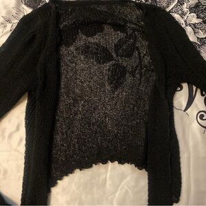 black cropped cardigan w trumpet sleeves and knot front